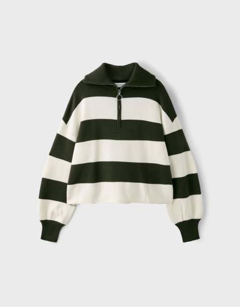 Stradivarius striktrøje med lynlås i khaki - view 1