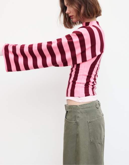 Stradivarius striktrøje med ståkrave og kimonoærmer i bubblegum-pink, 4 af 7