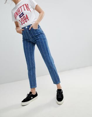 blue and white striped mom jeans