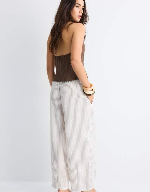 Stradivarius Striped barrel-leg flowing trousers in stone, 2 of 3