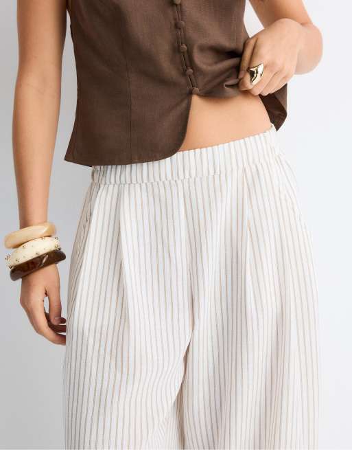 Stradivarius Striped barrel-leg flowing trousers in stone, 3 of 3