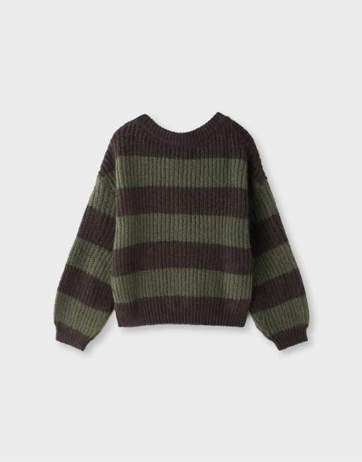 Stradivarius Striped boat neck jumper in khaki, 5 of 5