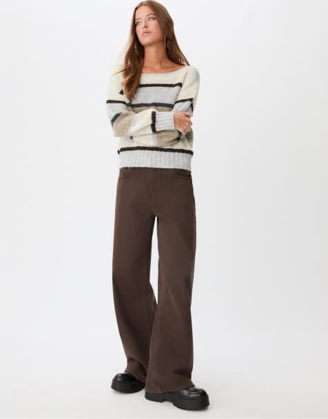 Stradivarius Striped boat neck sweater in brown - view 1