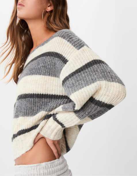 Stradivarius Striped boat neck sweater in ecru - view 1