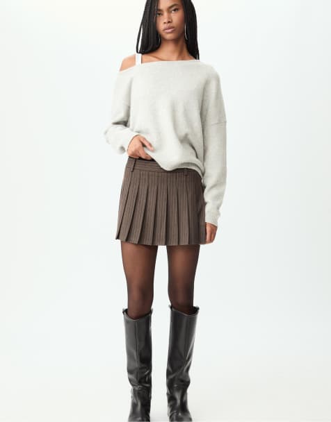 Stradivarius Striped box pleat mini skirt in brown - view 1