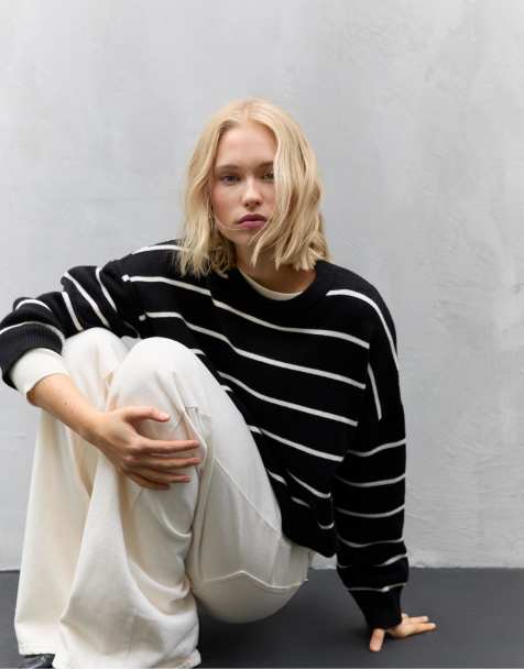 Stradivarius Striped cropped knit sweater in black - view 1