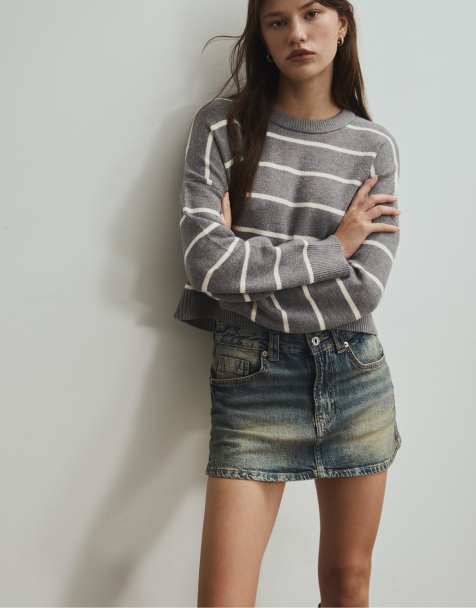 Stradivarius Striped cropped knit sweater in dark grey - view 1
