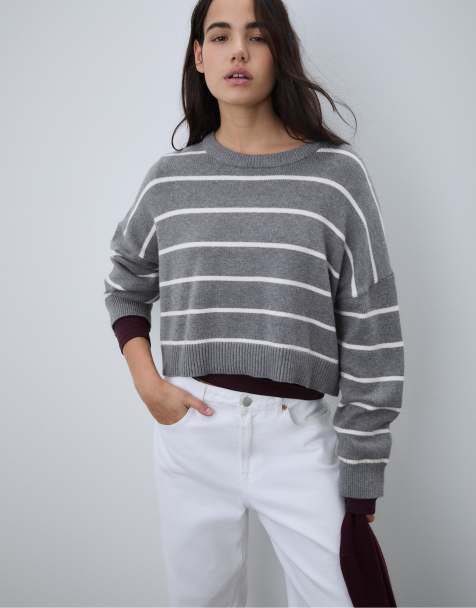 Stradivarius Striped cropped knit sweater in dark grey