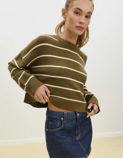 Stradivarius Striped cropped knit sweater in green - view 1
