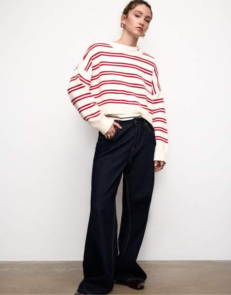 Stradivarius Striped cropped knit sweater in red - view 1