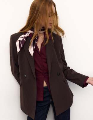 Stradivarius Striped Fitted Blazer In Brown