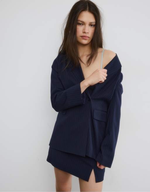 Stradivarius Striped fitted blazer in navy blue, 2 of 4