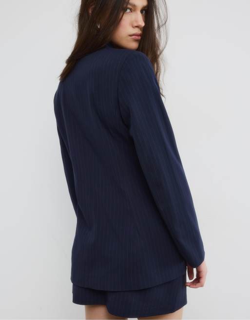 Stradivarius Striped fitted blazer in navy blue, 3 of 4