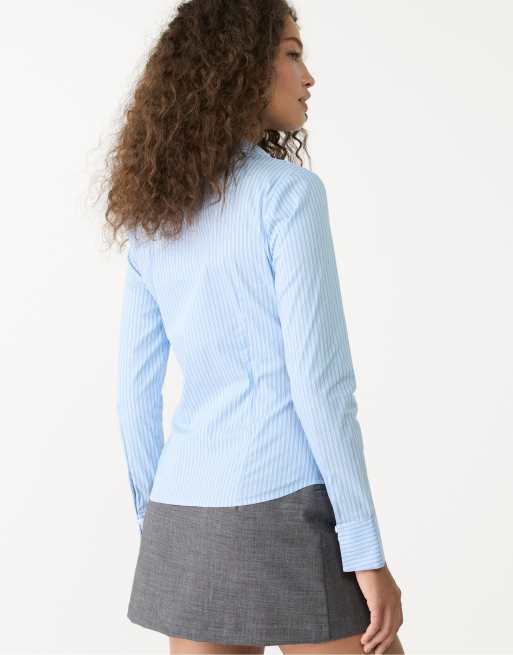 Stradivarius striped fitted shirt in sky blue, 4 of 4