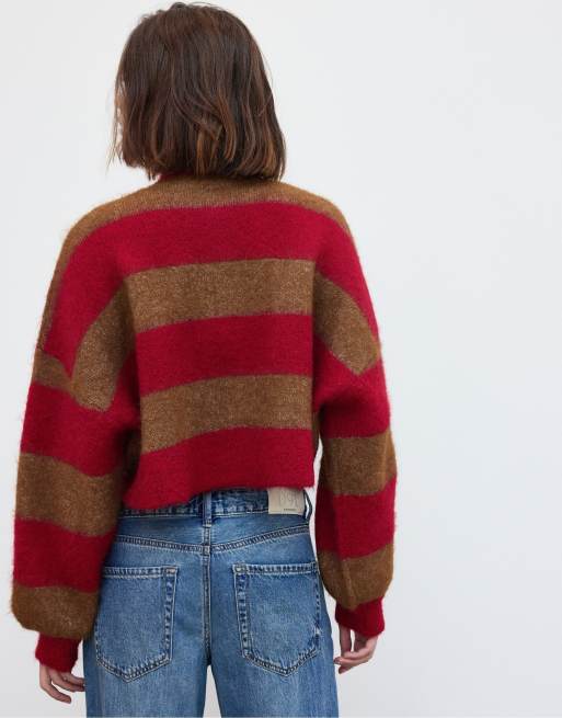 Stradivarius Striped funnel neck knit cardigan in beige, 3 of 7