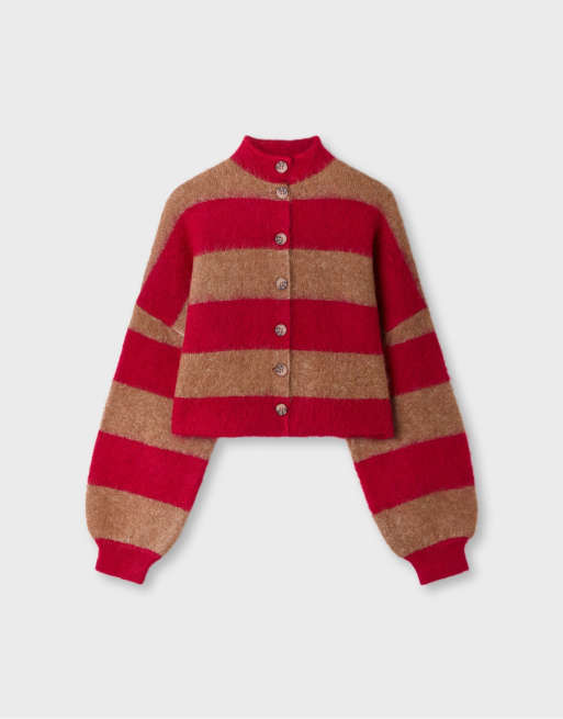 Stradivarius Striped funnel neck knit cardigan in beige, 6 of 7