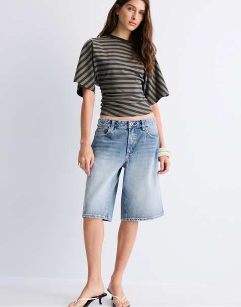 Stradivarius Striped japanese sleeve t-shirt in khaki - view 1