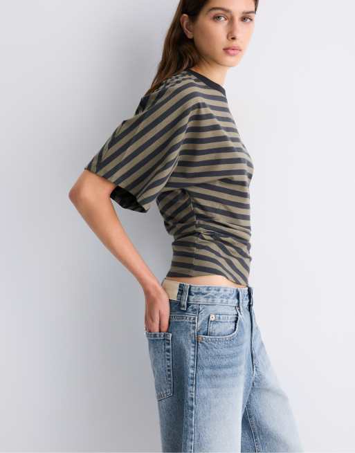 Stradivarius Striped japanese sleeve t-shirt in khaki, 2 of 7