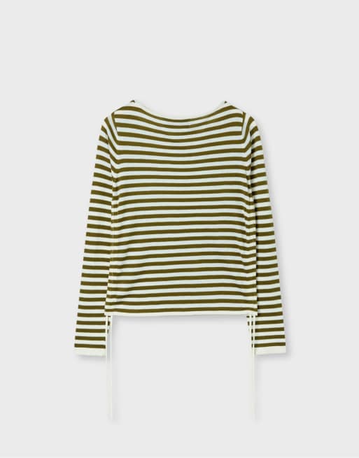 Stradivarius Striped jumper with side ruching in khaki, 7 of 7