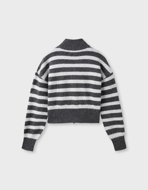 Stradivarius Striped knit cardigan with zip in dark grey, 7 of 7