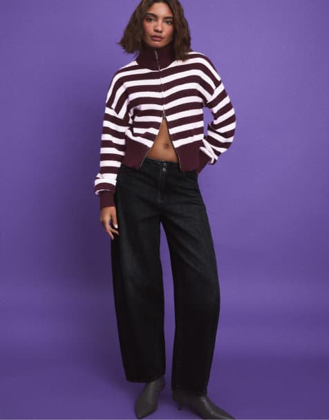 Stradivarius Striped knit cardigan with zip in dark purple - view 1