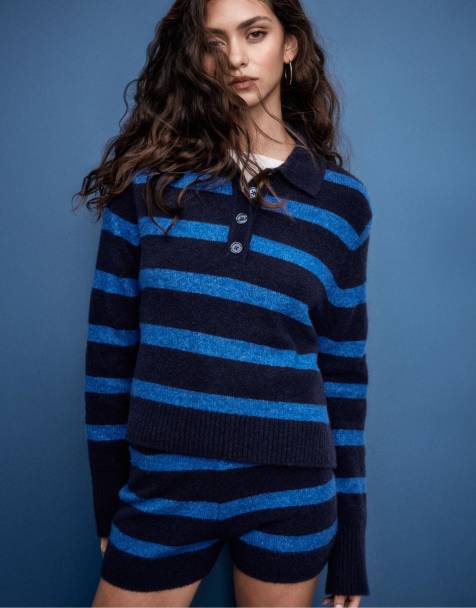 Stradivarius Striped knit polo jumper in electric blue