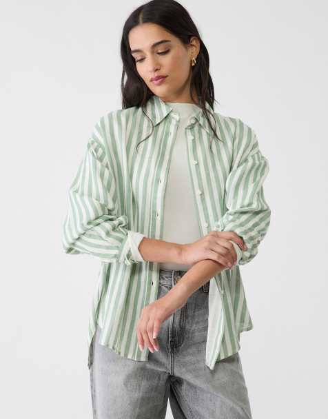 Stradivarius striped linen blend shirt in green - view 1