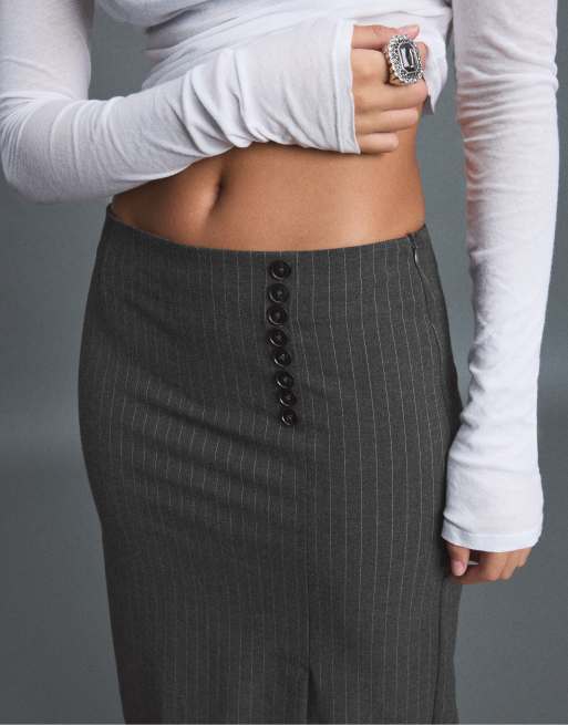 Stradivarius Striped midi skirt with buttons in dark grey, 4 of 7
