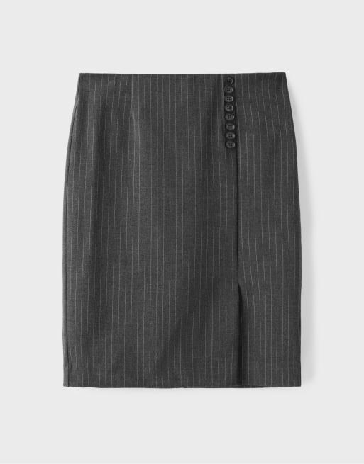 Stradivarius Striped midi skirt with buttons in dark grey, 6 of 7
