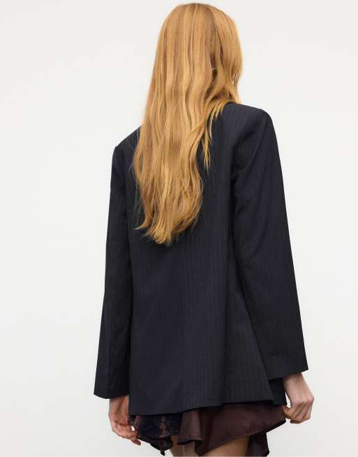 Stradivarius Striped open blazer in navy blue, 3 of 4