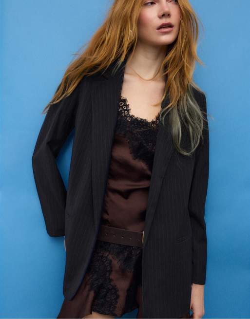 Stradivarius Striped open blazer in navy blue, 4 of 4
