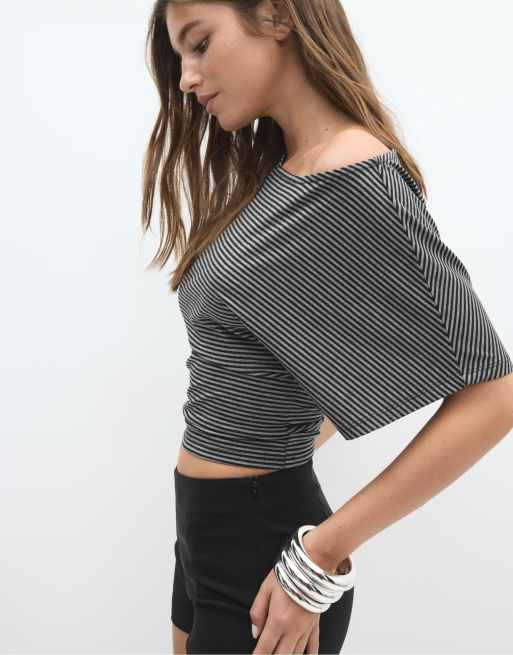 Stradivarius Striped print t-shirt in dark grey, 2 of 4