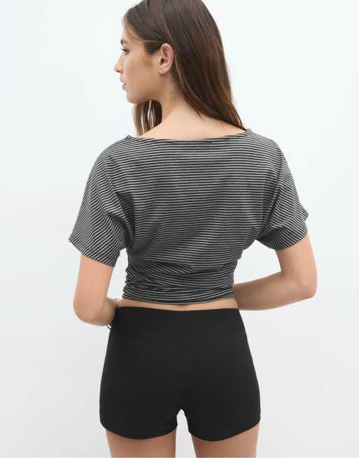 Stradivarius Striped print t-shirt in dark grey, 3 of 4