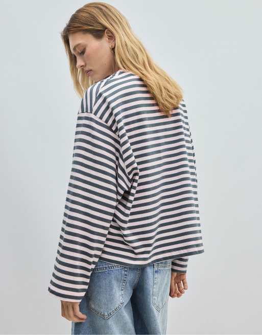 Stradivarius Striped printed long sleeve t-shirt in dark grey, 3 of 7
