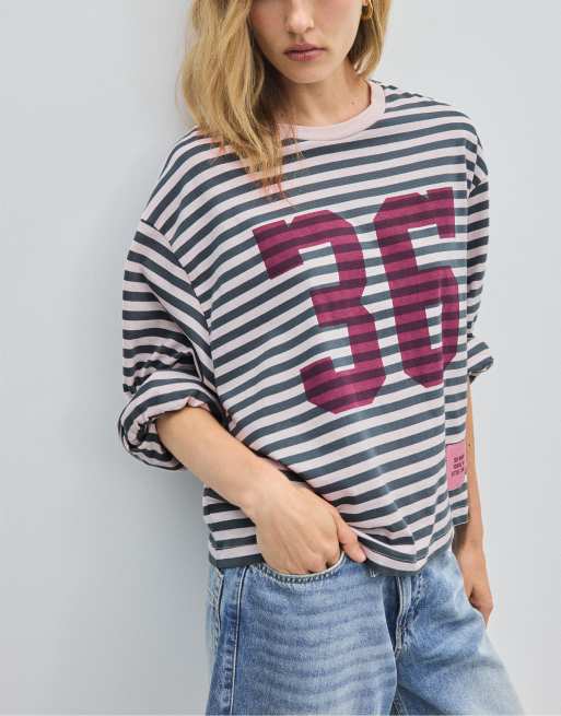 Stradivarius Striped printed long sleeve t-shirt in dark grey, 5 of 7