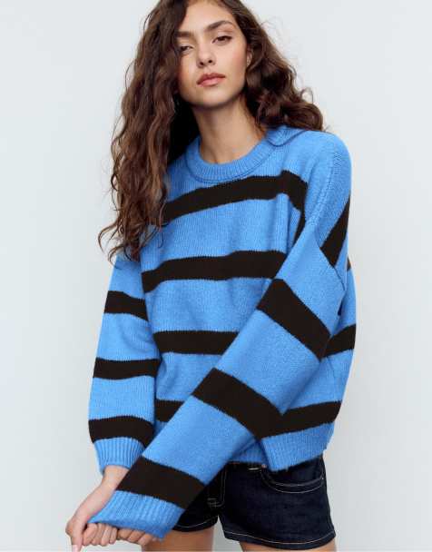 Stradivarius Striped round neck knit jumper in sky blue - view 1