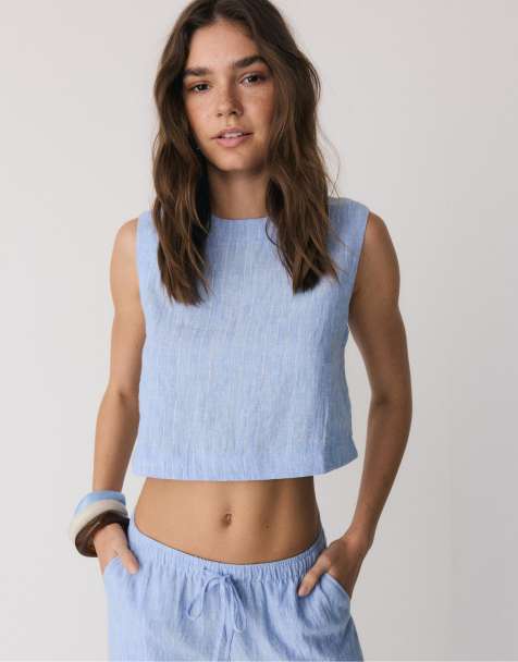 Stradivarius Striped rustic round neck top in blue - view 1