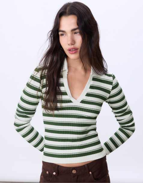 Stradivarius Striped seamless polo t-shirt in green - view 1