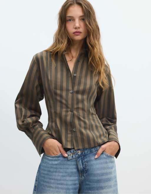 Stradivarius Striped shirt in khaki, 5 of 7