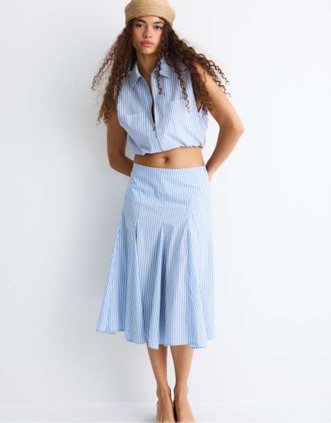 Stradivarius striped skirt co-ord in blue - view 1