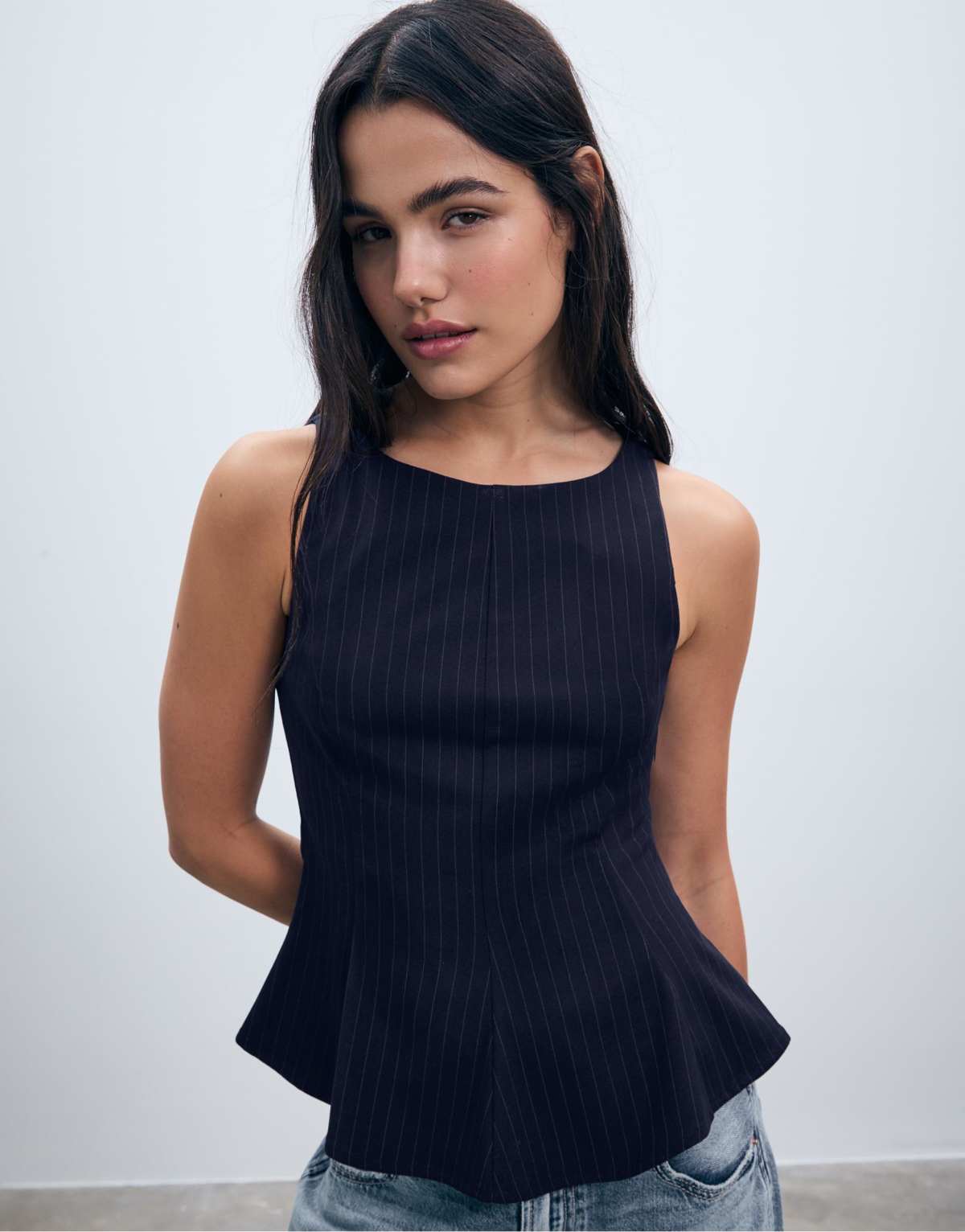 Stradivarius Striped sleeveless peplum top in navy blue