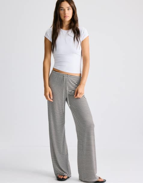 Stradivarius Striped slim-waist joggers in brown - view 1