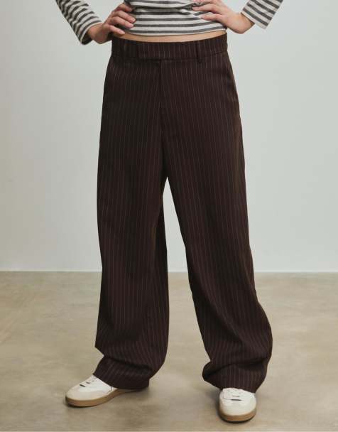 Stradivarius Striped smart baggy trousers in brown