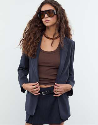 Stradivarius Striped Textured Open Blazer In Blue