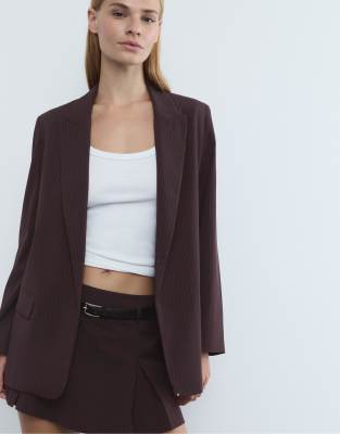 Stradivarius Striped Textured Open Blazer In Purple