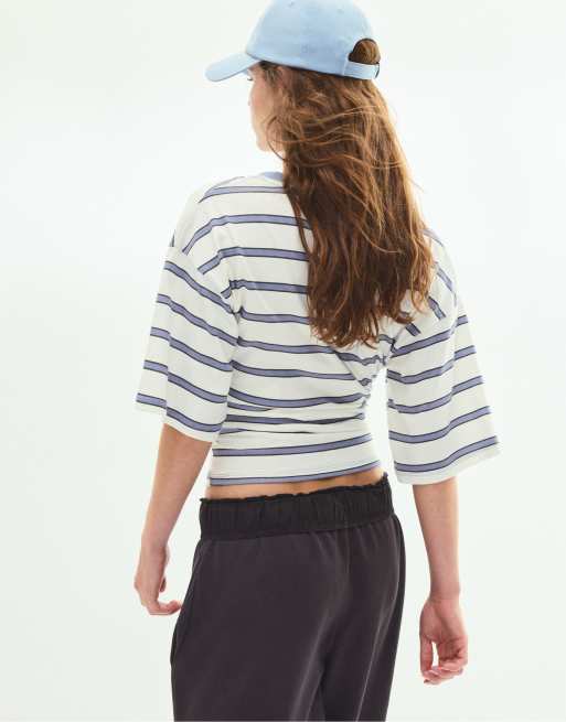 Stradivarius Striped v-neck kimono sleeve t-shirt in sky blue, 3 of 6