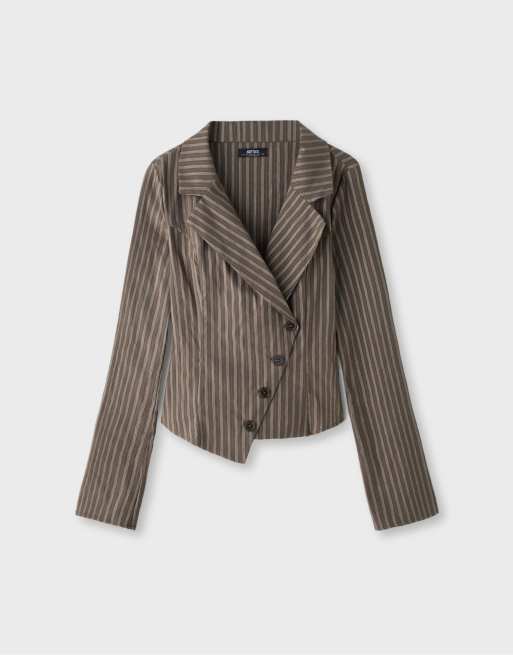 Stradivarius Striped v-neck shirt in brown, 6 of 7