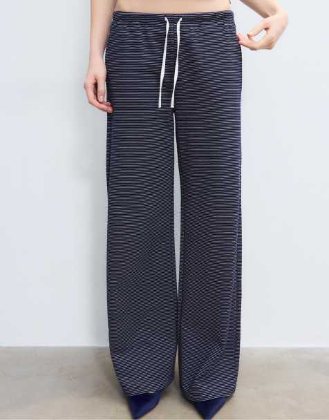 Stradivarius Striped wide-leg jogger trousers in dark blue - view 1