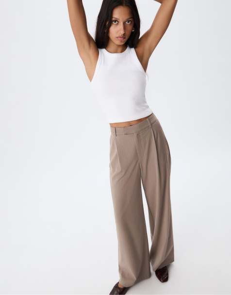 Stradivarius Striped wide-leg smart trousers in beige