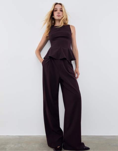 Stradivarius Striped wide-leg smart trousers in purple